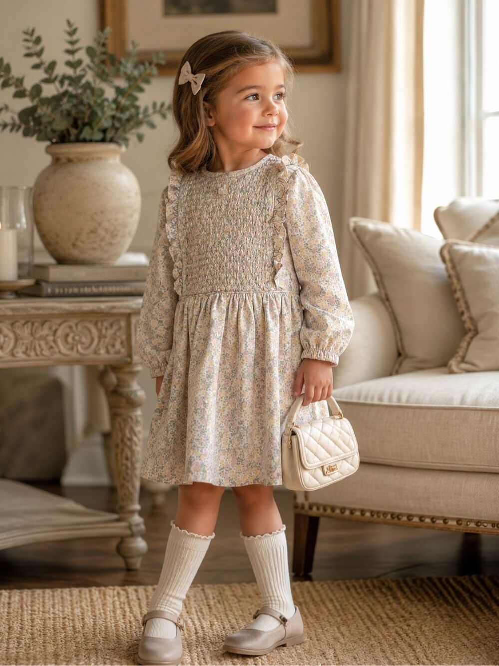 MINNOW Pastel Floral Smocked Dress Long Sleeve Ruffle Detail Cottagecore Sz 3/4T